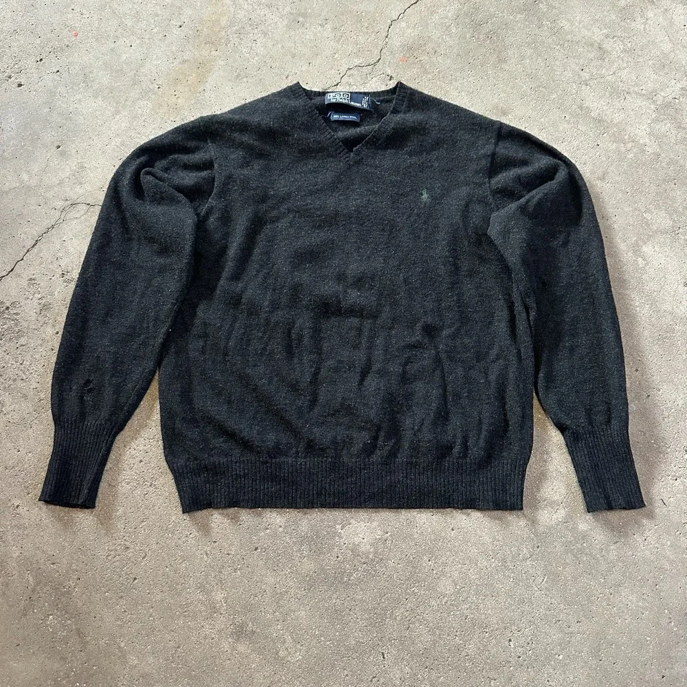 Vintage Polo Ralph Lauren Mens Sweater Charcoal 100% Lambs Wool V-Neck Preppy SM